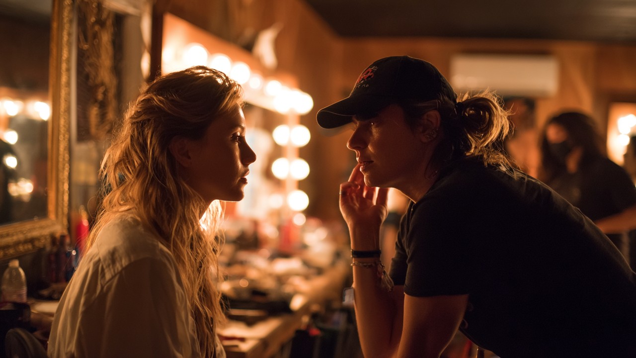 Behind-the-scenes photo of a female film director guiding an actress on set, capturing the creative process in a professional, warm-lit environment.