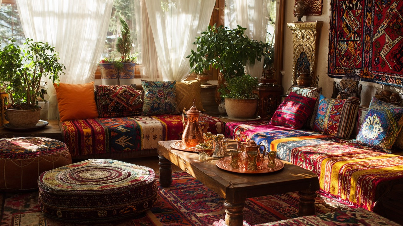 Cozy living room with traditional Turkish decor, colorful kilim rugs, patterned cushions, tea set, and Turkish ceramics.