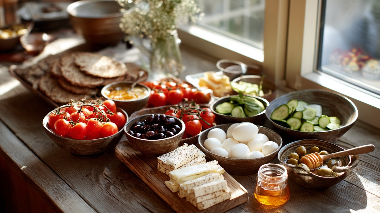 Bright Turkish breakfast table with fresh vegetables, olives, feta cheese, boiled eggs, honey, and bread on rustic wooden tableware, natural morning light.