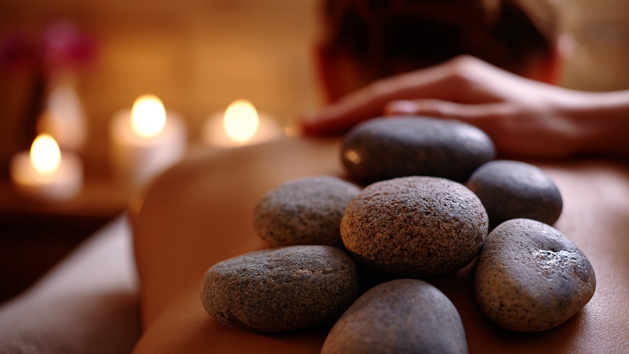 Calm massage scene with heated stones on a person's back, soft candlelight, and a tranquil atmosphere for deep muscle relaxation.