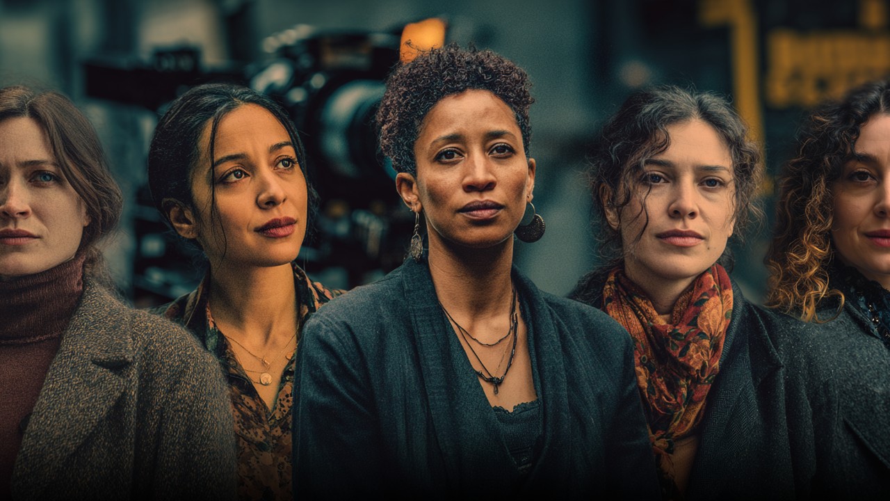 Cinematic collage of five diverse women showcasing strength and resilience, set against film set and camera equipment background.