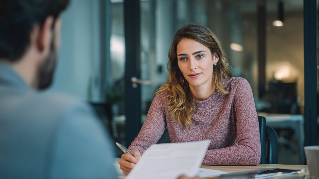 Turkish woman discussing loan documents with a financial advisor in a modern office, illustrating careful credit management.
