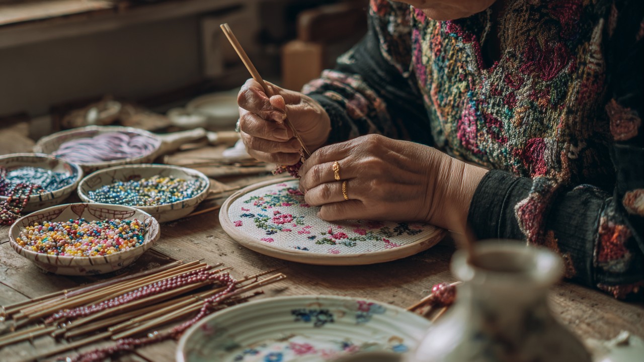 Close-up of Turkish woman's hands working on beginner crafts: embroidery, knitting, bead jewelry, and ceramic painting on a wooden table.
