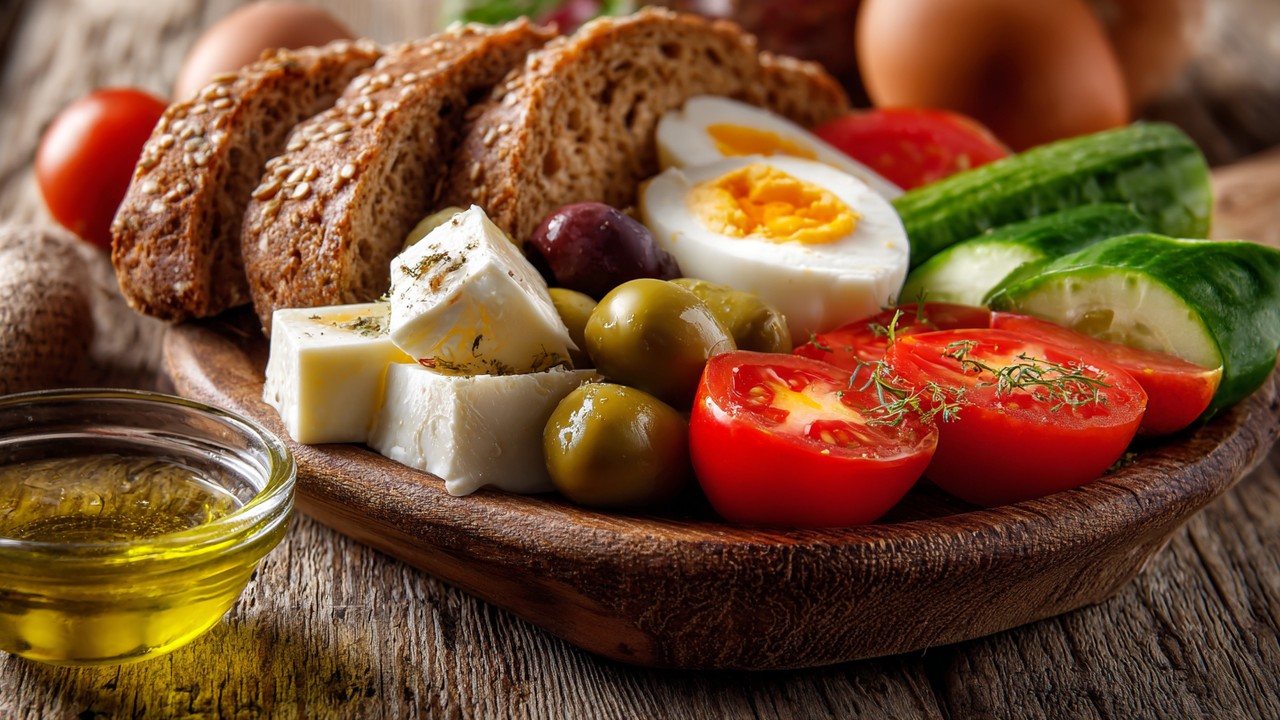 Close-up of a traditional Turkish breakfast plate with whole wheat bread, olives, fresh tomatoes, cucumbers, low-salt cheese, eggs, and olive oil on a rustic wooden table.