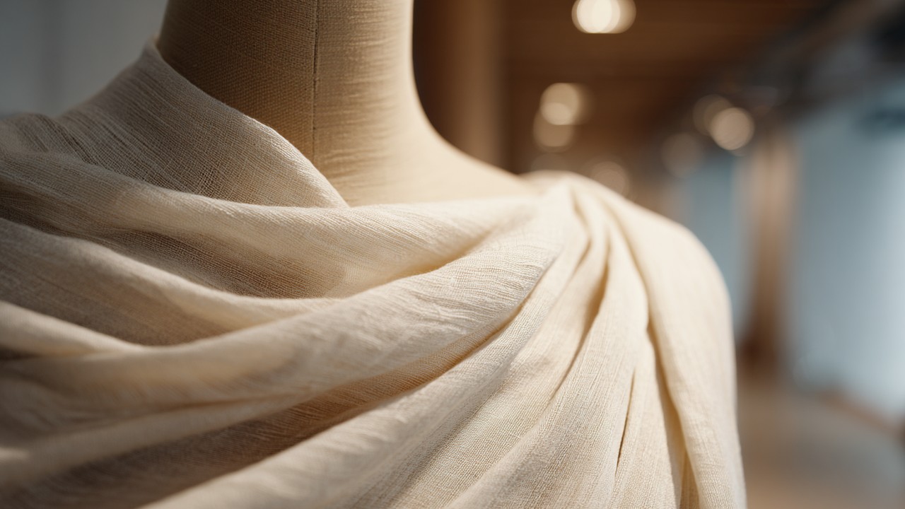 Close-up of natural fabrics like cotton, linen, and silk draped on a mannequin in a textile workshop, showcasing texture and breathability.