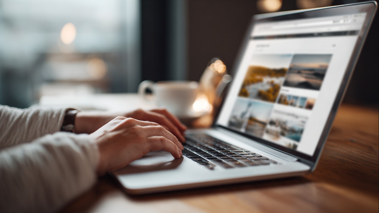 Close-up of a blogger adding descriptive alt text to an image upload interface, highlighting image SEO best practices.