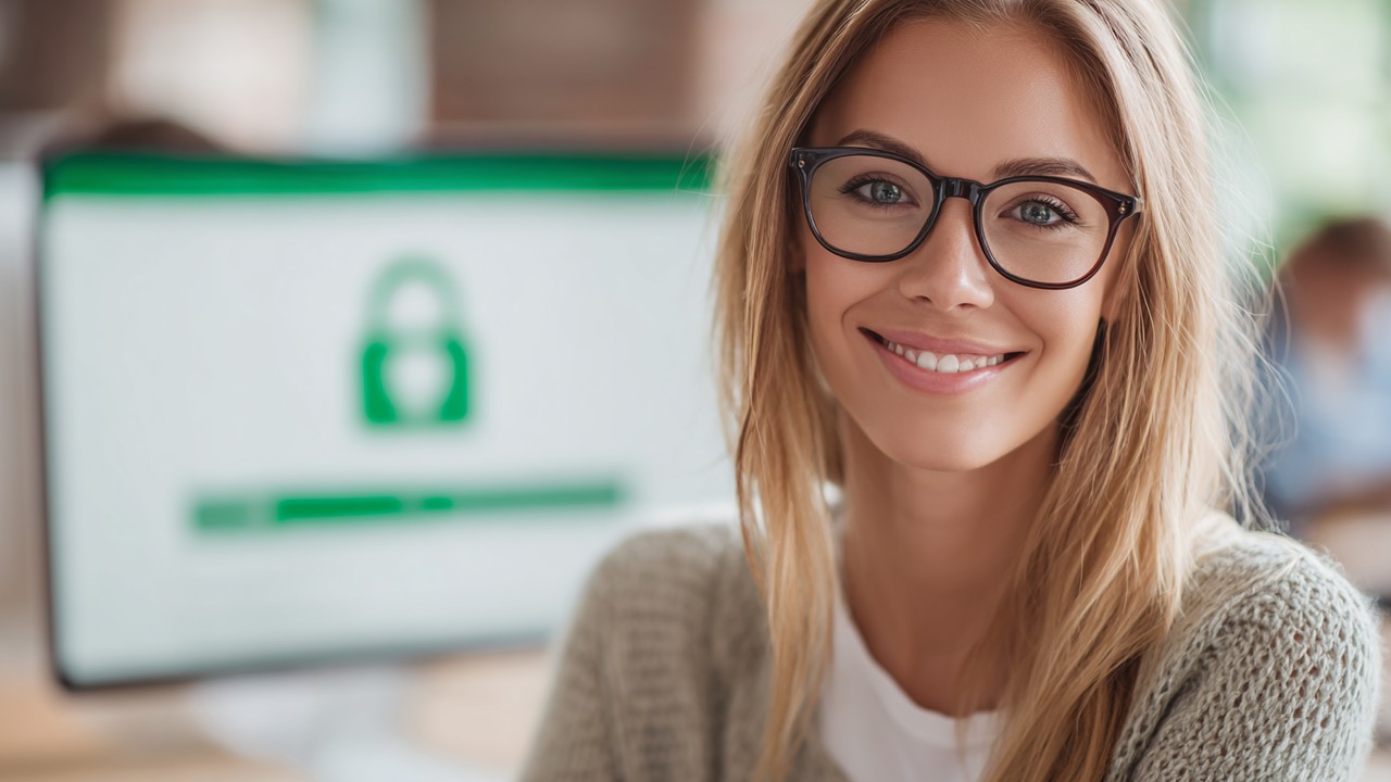 Close-up of a computer screen showing a secure HTTPS website with a green padlock icon, woman smiling confidently in background.