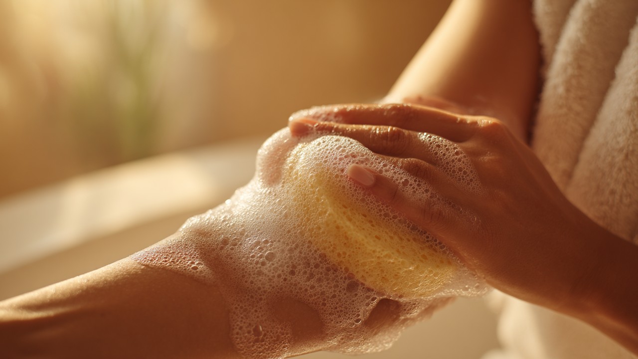Close-up of a person receiving a soothing foam massage on their arm with natural soap suds and a soft sponge, promoting skin nourishment.