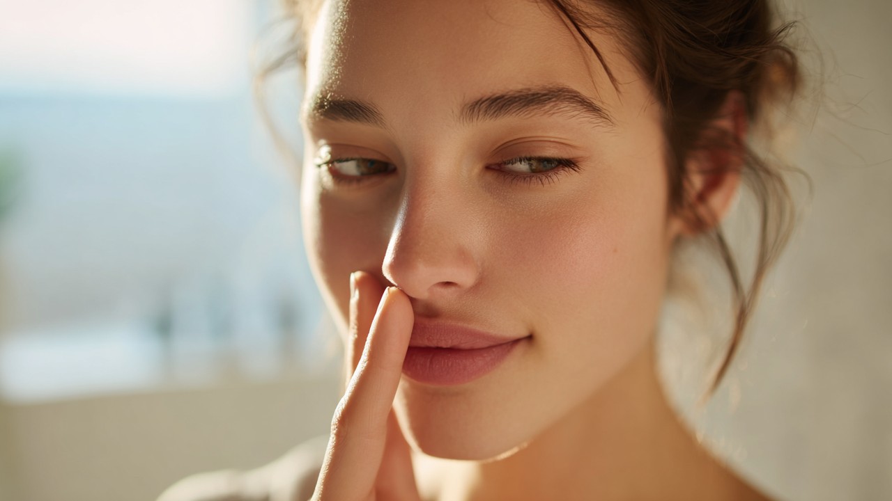 Close-up of a serene young woman with clear skin gently touching her nose in a bright bathroom, highlighting self-care and healing.