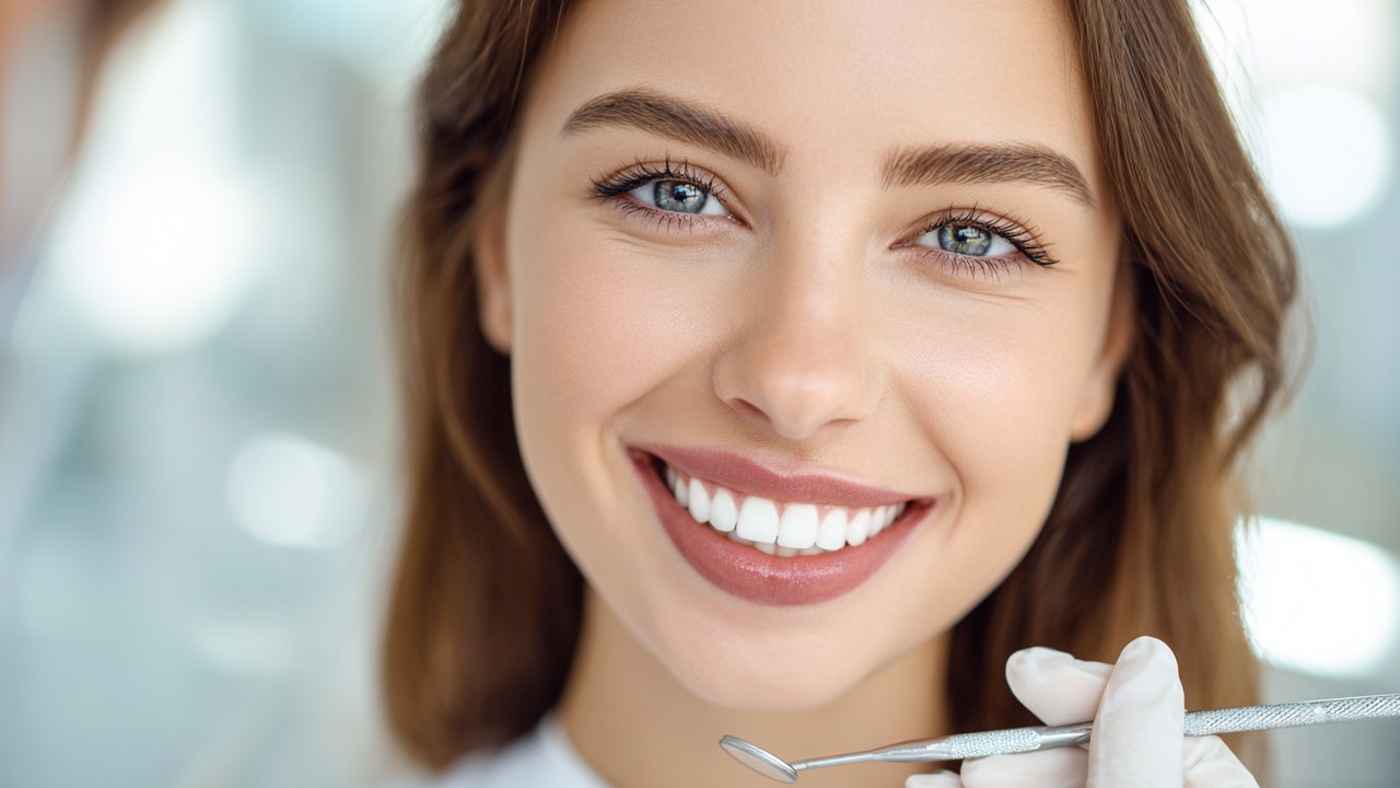 Smiling young woman with bright white teeth examined by dentist in modern clinic, highlighting dental care and smile aesthetics.