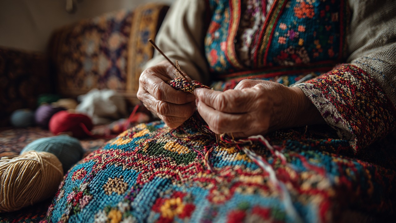 Close-up of Turkish woman's hands weaving vibrant traditional textiles with colorful threads in a cozy, well-lit home setting.