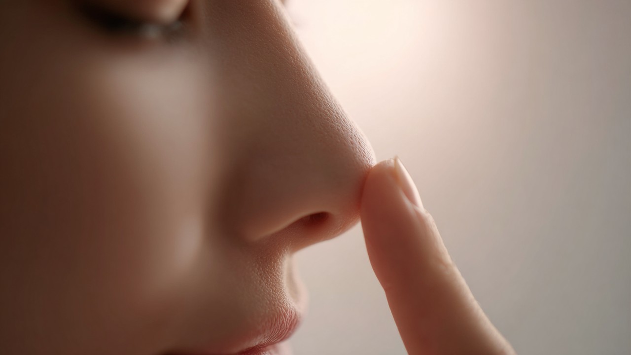 Close-up of a person gently touching a subtly swollen nose in a calm medical recovery setting, symbolizing healing.