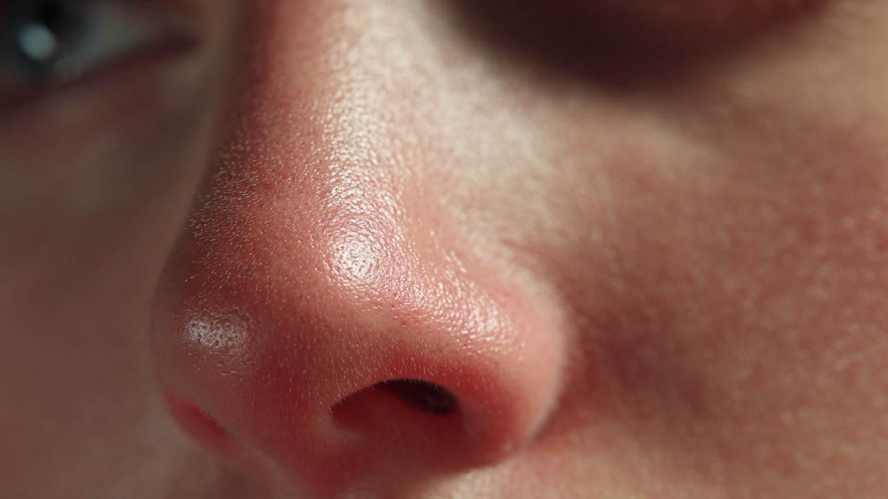 Close-up of a healthy nose with smooth skin texture and natural redness, highlighting skin care and healing benefits.