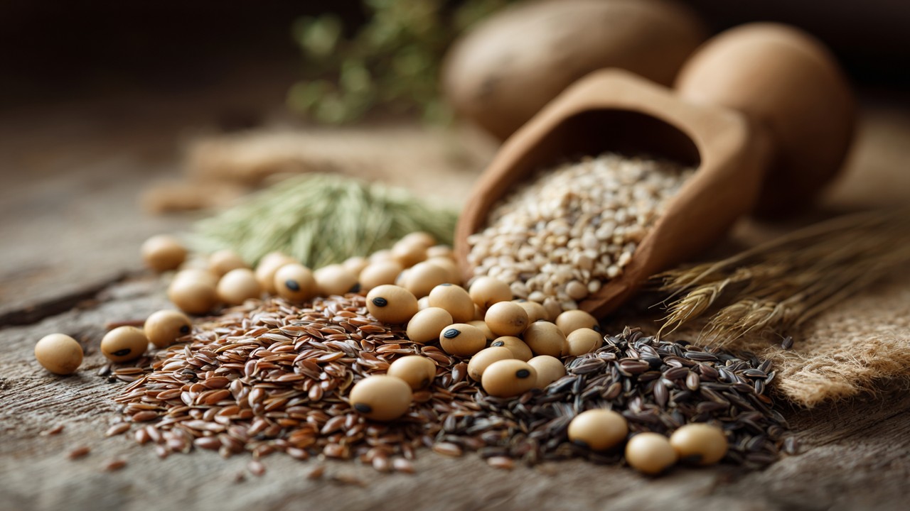 Close-up of soybeans, flaxseeds, and fennel seeds on rustic surface, natural plant ingredients rich in phytoestrogens.