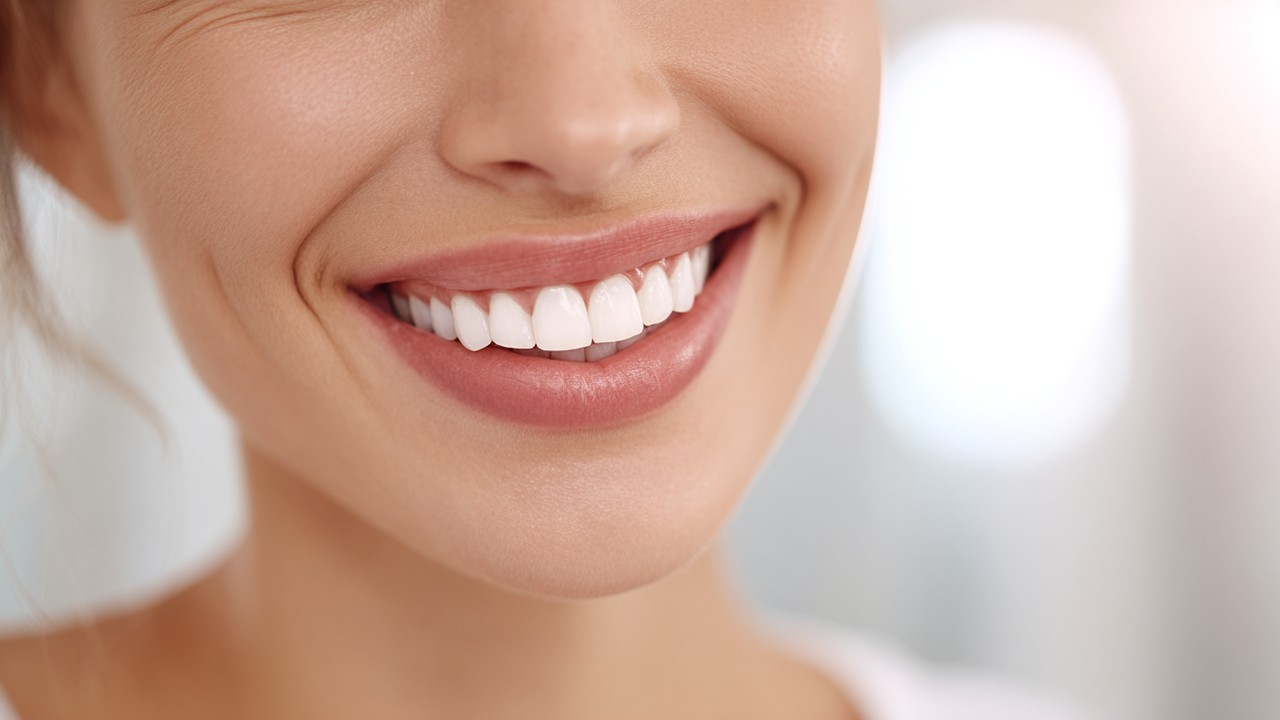Close-up portrait of a smiling person with a natural, perfectly aligned white smile in a bright dental clinic.