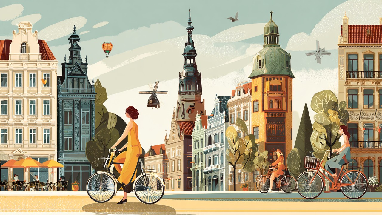 Collage of iconic Amsterdam, Copenhagen, and Prague landmarks with solo female travelers exploring streets, biking, and enjoying outdoor cafes under sunny skies.