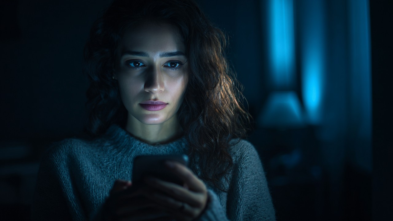 Concerned young Turkish woman examining her smartphone in a dimly lit room, highlighting online threats and social media security awareness.