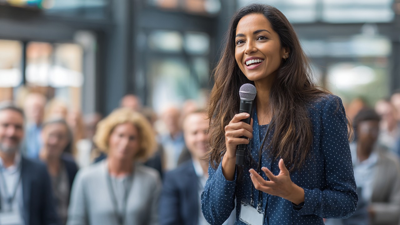 Confident female leader speaking passionately at a business conference, inspiring diverse audience and breaking gender stereotypes.