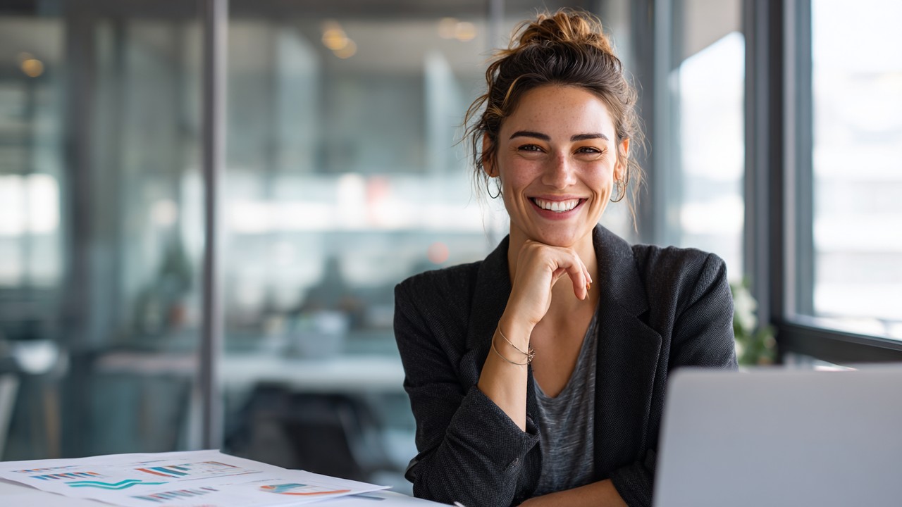 Confident Turkish woman entrepreneur working on a laptop in a bright, modern office with business charts and notes, showcasing professionalism and empowerment.