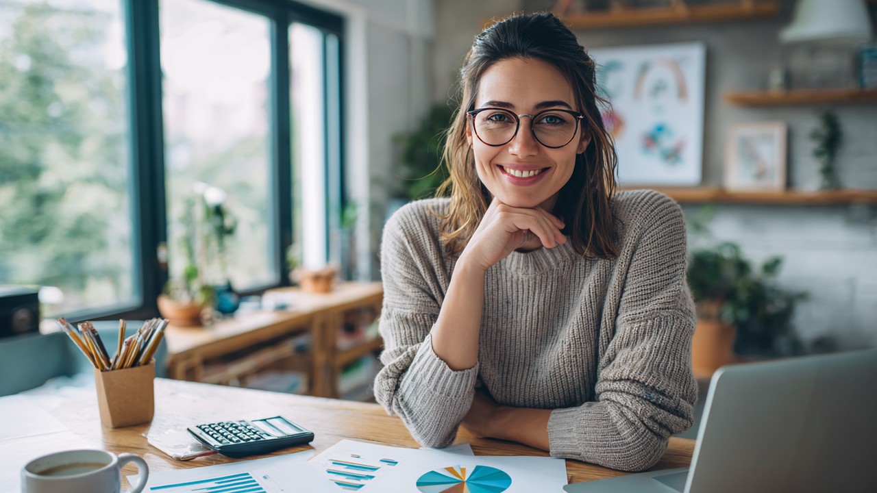 Confident Turkish woman in her 30s working on financial documents at a modern home office with a laptop, charts, and coffee.