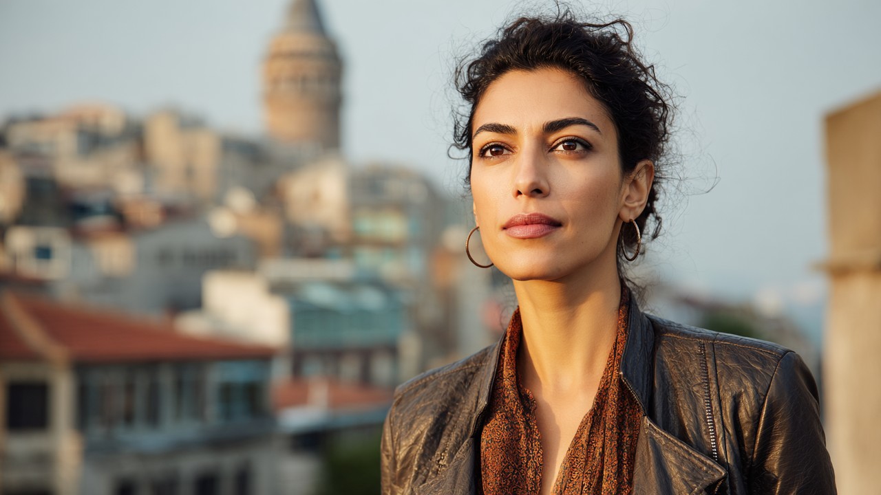 Confident Turkish woman in her 30s standing in a modern urban setting with Istanbul cityscape, showcasing strength and empowerment.