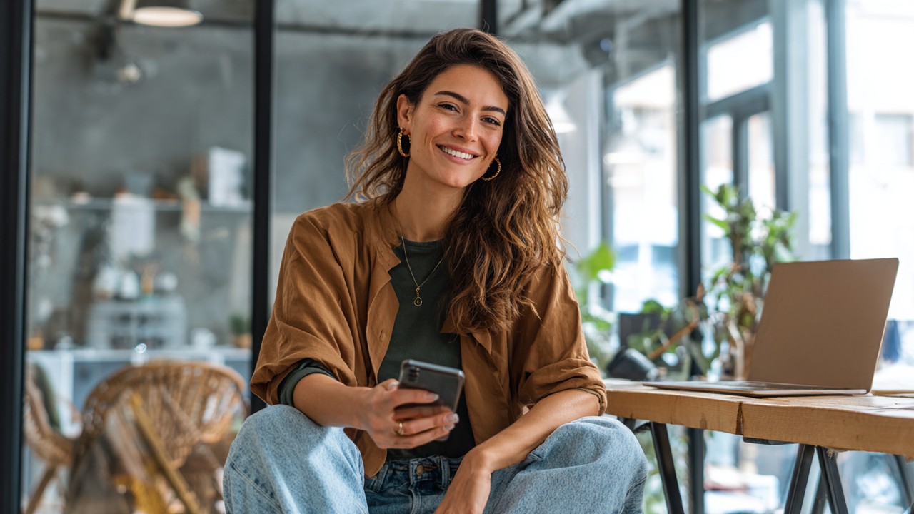 Confident Turkish woman influencer working at a modern workspace with laptop and smartphone, smiling and engaging with social media.