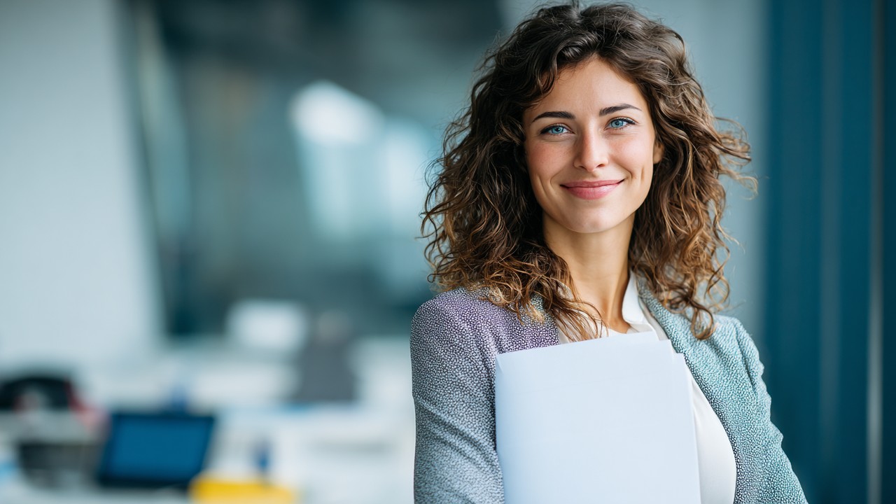 Confident Turkish woman smiling and holding a certificate of completion in a modern office, symbolizing career growth and online education success.