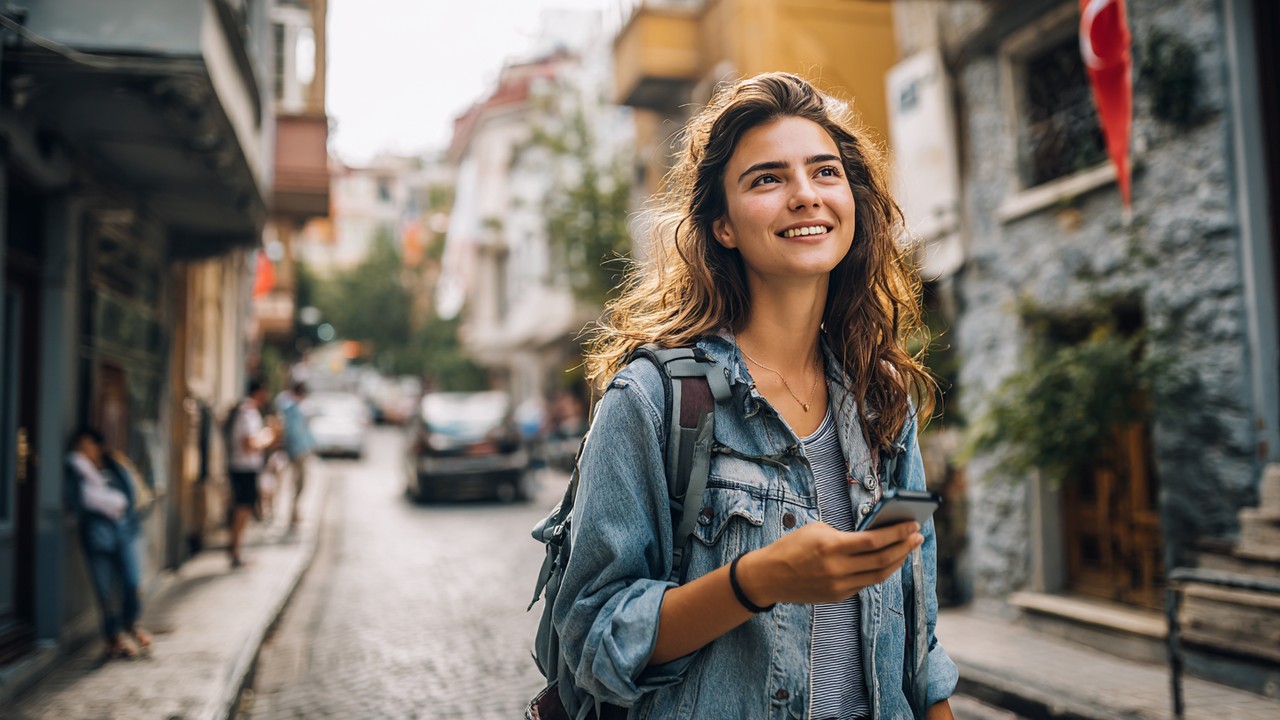 Confident Turkish woman traveler with backpack smiling at smartphone on vibrant city street during daytime, urban architecture background.