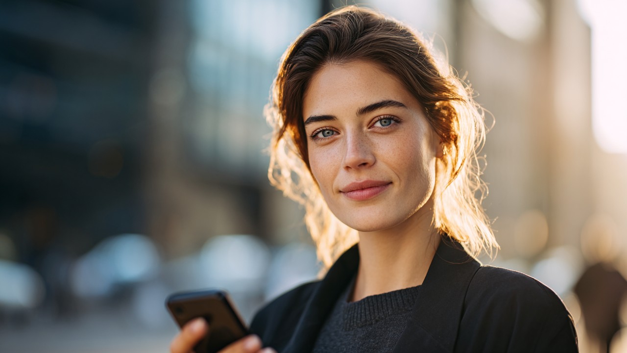 Confident Turkish woman using smartphone outdoors in urban setting, conveying digital security and empowerment in casual professional attire.