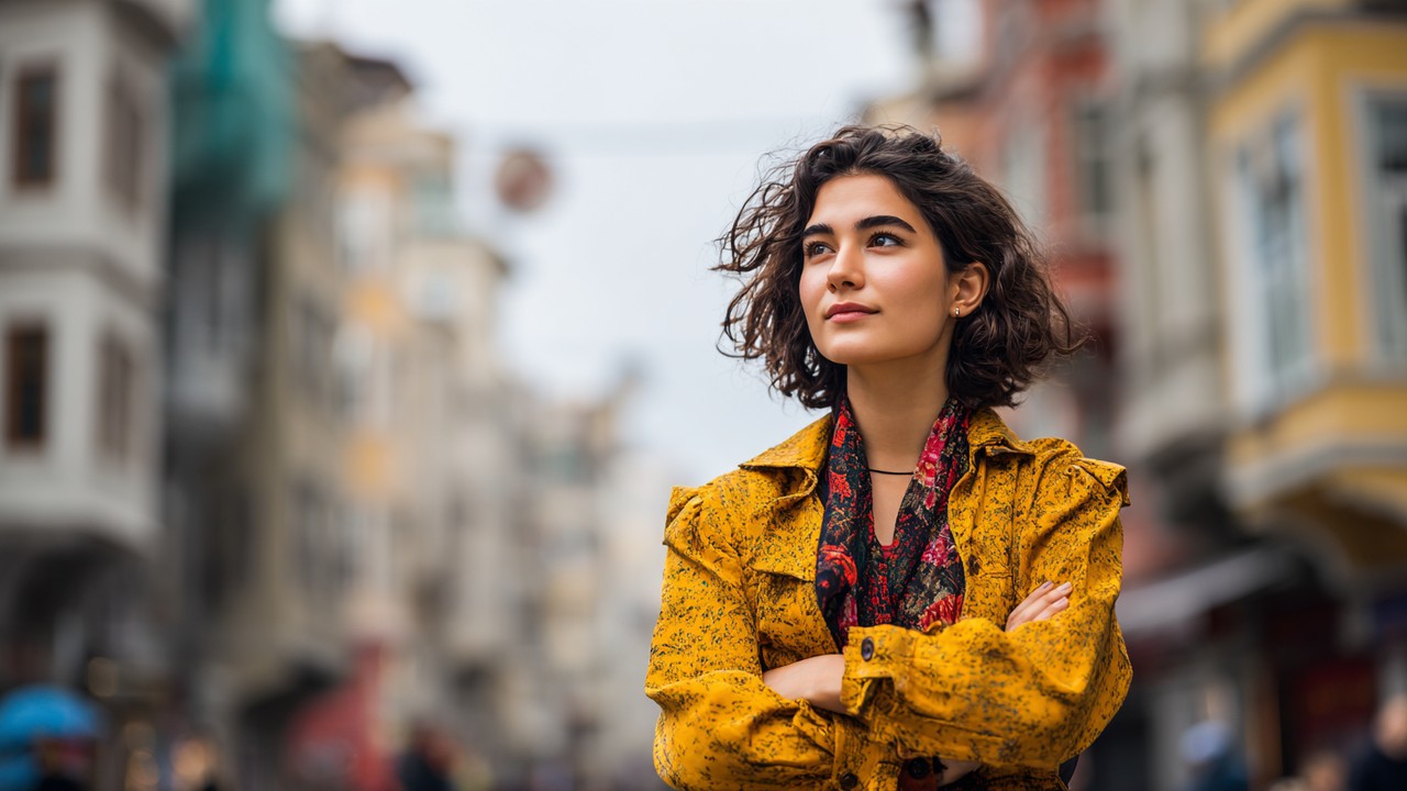 Confident young Turkish woman standing alone in a vibrant city square during daytime, reflecting independence and self-discovery.