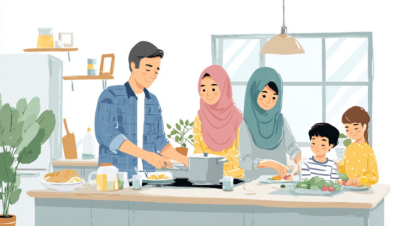 Contemporary Turkish family sharing household chores in a bright kitchen, cooking together and caring for children, promoting family equality.
