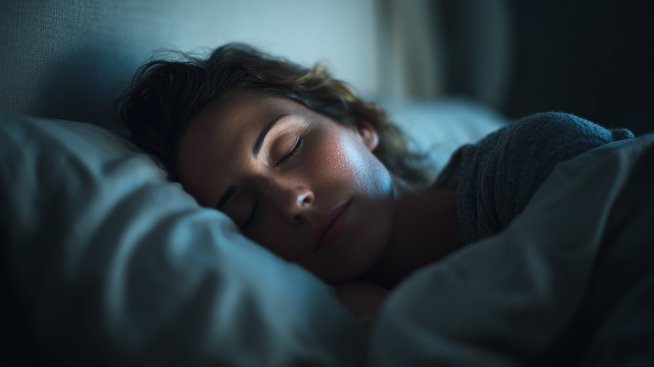 A woman peacefully sleeping in a dark bedroom with soft bedding and gentle ambient light, highlighting good sleep quality.
