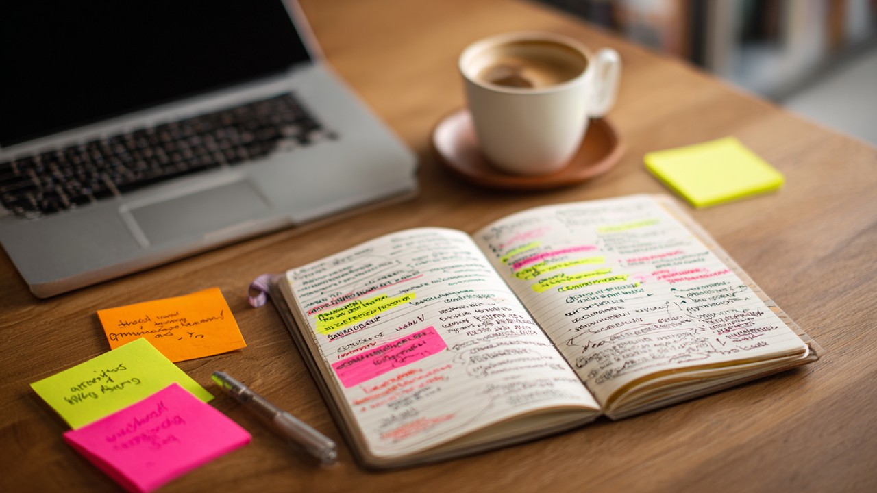 Flat-lay of a notebook with handwritten keywords, laptop, coffee, and colorful sticky notes, illustrating blog keyword research.
