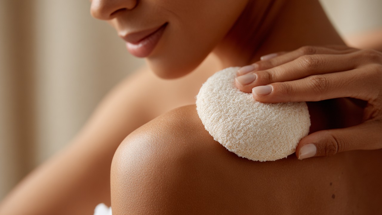Hands performing gentle circular exfoliating massage with a natural kese mitt on shoulder in a serene home spa setting, skin care.