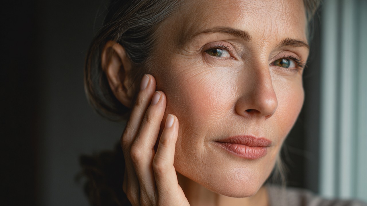 Close-up of a thoughtful woman with mild skin redness and tired eyes, showing signs of hormonal imbalance in soft indoor light.