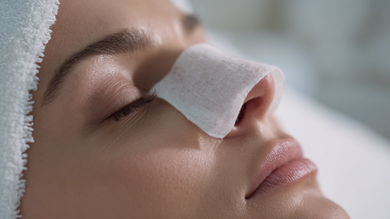 Close-up of a person with facial swelling and bruising around nose and eyes, resting with a cold compress at home.