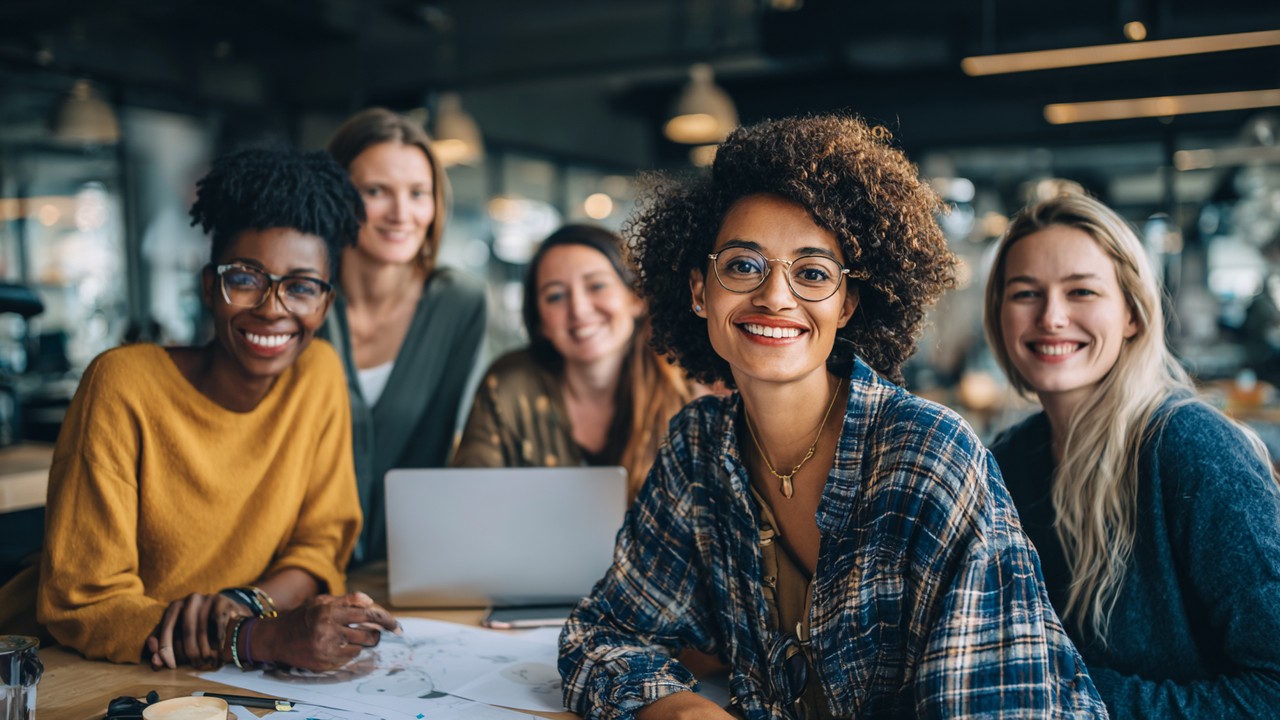 Diverse group of professional women entrepreneurs collaborating in a modern office, discussing business plans and networking.