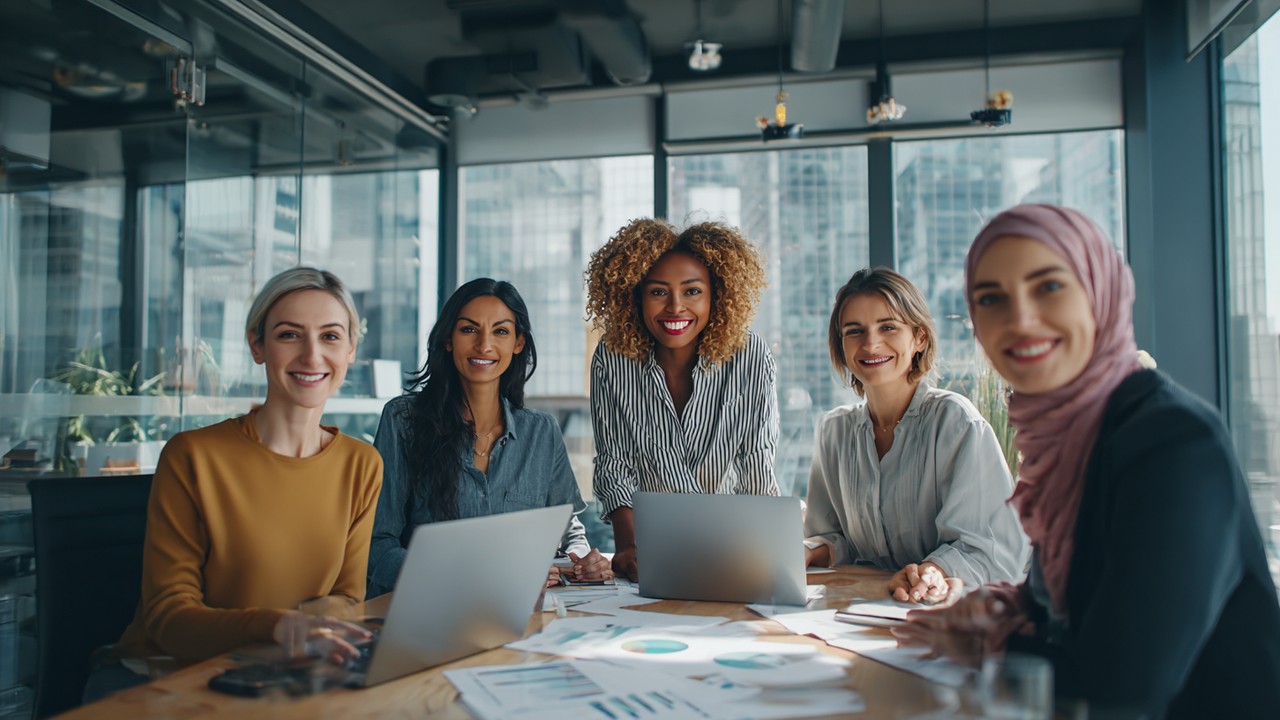 Diverse professional women collaborating around a modern conference table in a bright Turkish urban office, showcasing empowerment and innovation.
