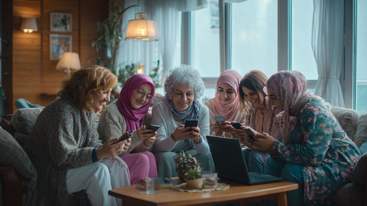Diverse Turkish women of various ages using smartphones and laptops in a cozy, modern living room, showcasing digital connectivity.