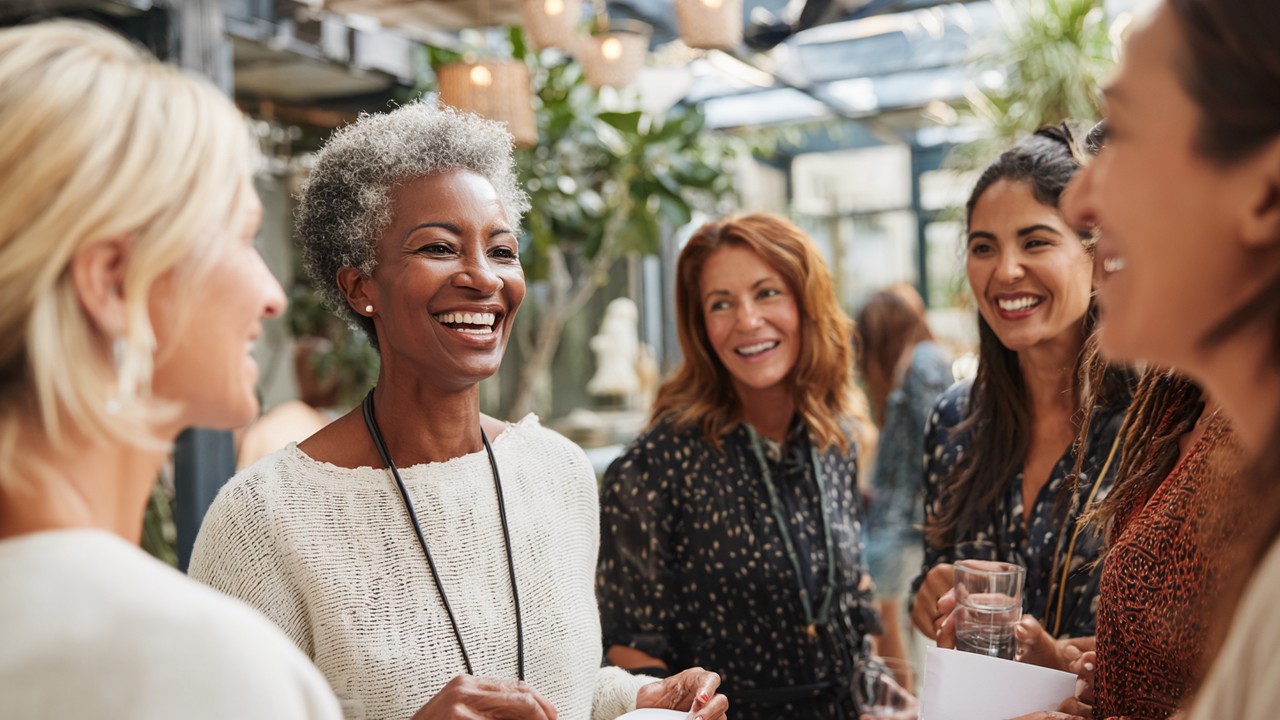 Diverse female entrepreneurs networking at a business event, exchanging business cards in an elegant indoor venue with natural light.