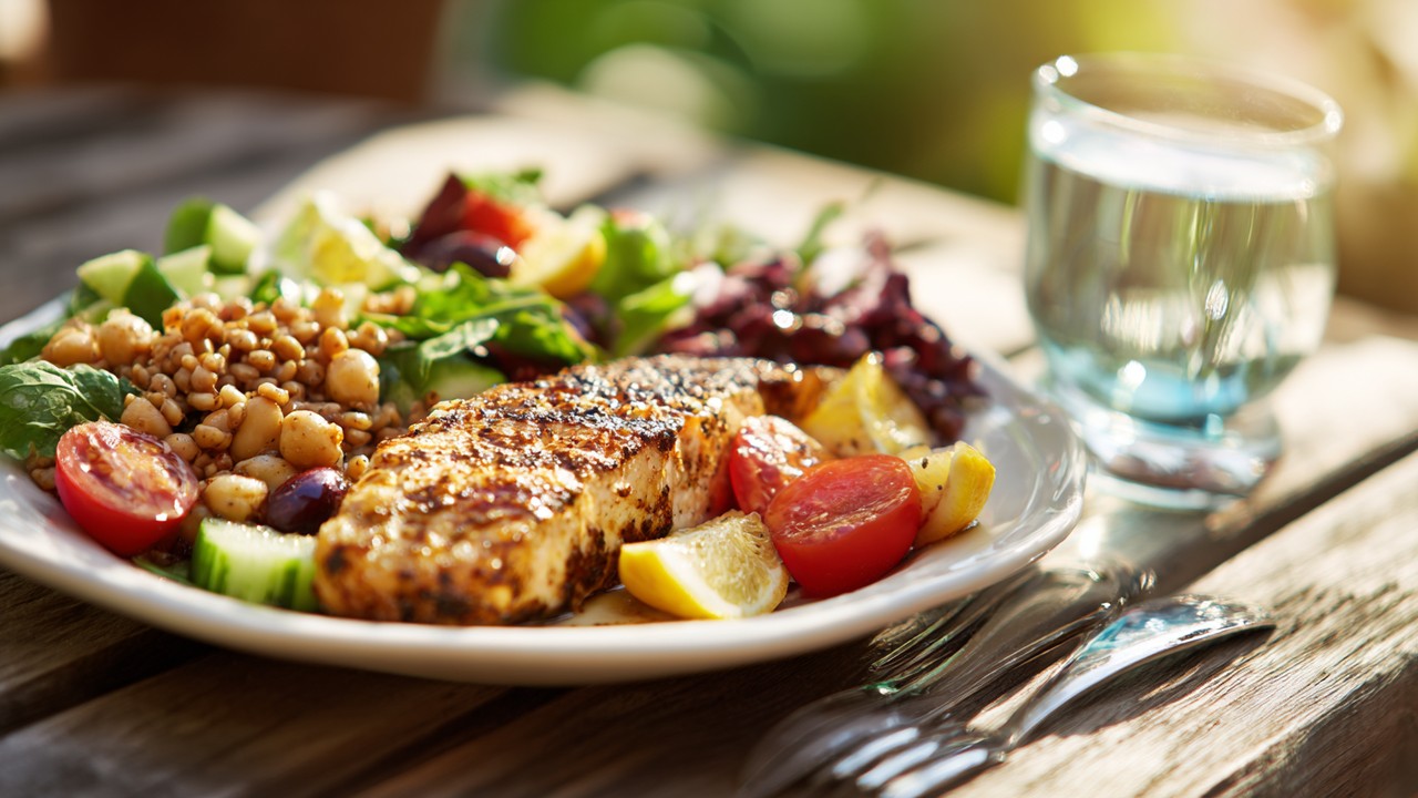 Healthy Mediterranean meal with grilled fish, fresh salad, whole grains, fruits, and water on a wooden table, promoting wellness.