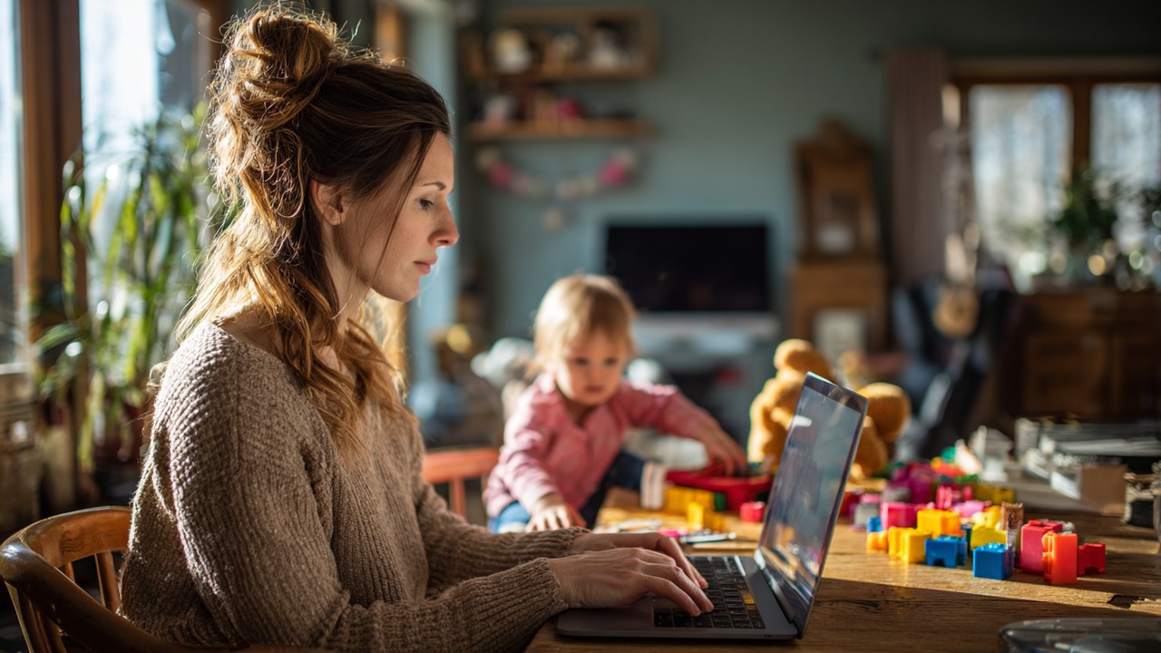 Turkish mother working on a laptop at home with her child playing nearby, showcasing work-life balance and modern parenting.