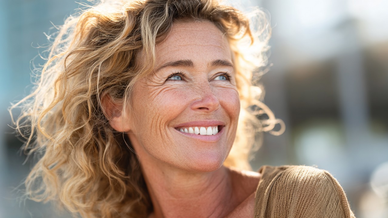 Joyful middle-aged person smiling confidently outdoors with a natural, healthy smile after successful dental treatment.