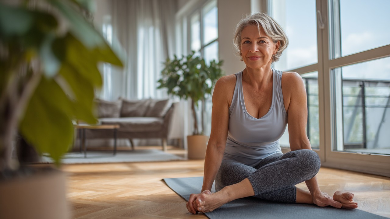 Middle-aged Turkish woman exercising at home on a yoga mat in a bright, modern living room with natural sunlight and potted plants.