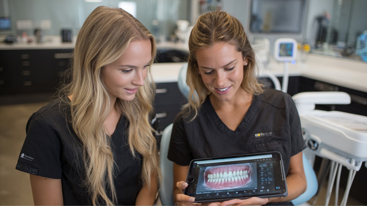 Dental professional using a digital tablet with 3D teeth model for smile design, showcasing advanced dental technology.