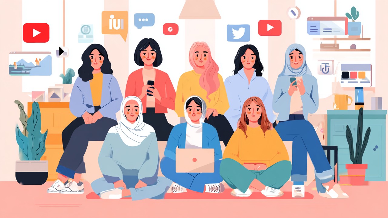 Diverse Turkish women influencers creating content on social media platforms like Instagram, YouTube, and TikTok in a bright, professional studio.