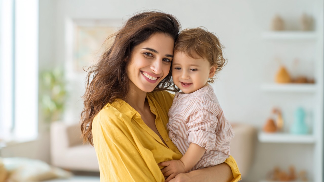 Modern Turkish mother smiling and holding her young child in a bright living room with minimalist decor and Turkish cultural touches.