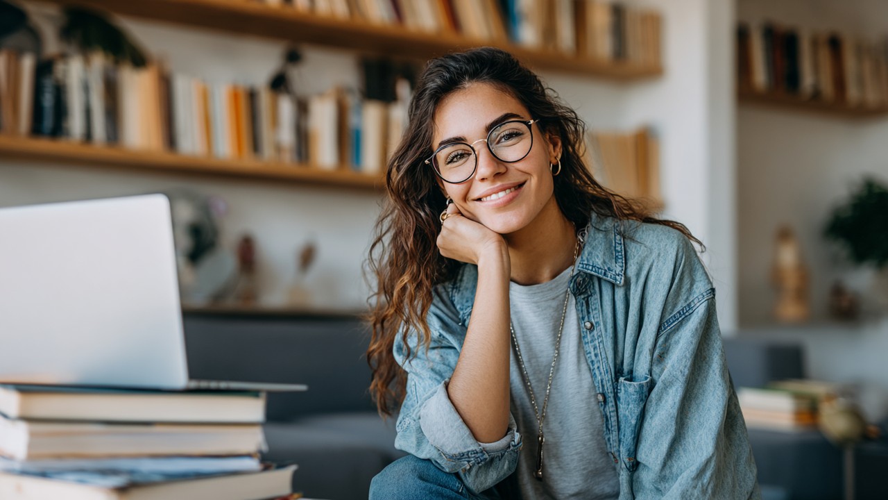 Modern Turkish woman studying at home with books and laptop in a bright, comfortable living room, symbolizing learning and empowerment.