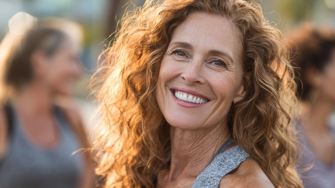 Joyful woman outdoors with friends, radiating energy and happiness, illustrating positive effects of hormonal balance on well-being.