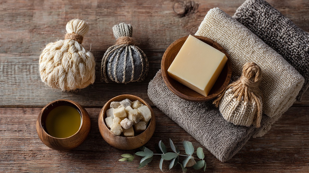 Authentic Turkish hammam supplies including natural kese mitts, olive oil soap, traditional bowls, and soft towels on a wooden surface.
